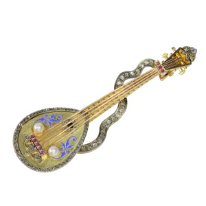 French Victoriana: A Diamond Ruby and Pearl Adorned Mandolin Brooch